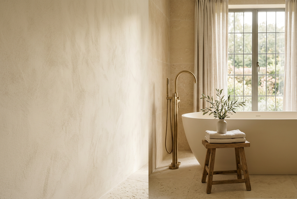 Serene luxury bathroom with warm stone and antique-gold accents