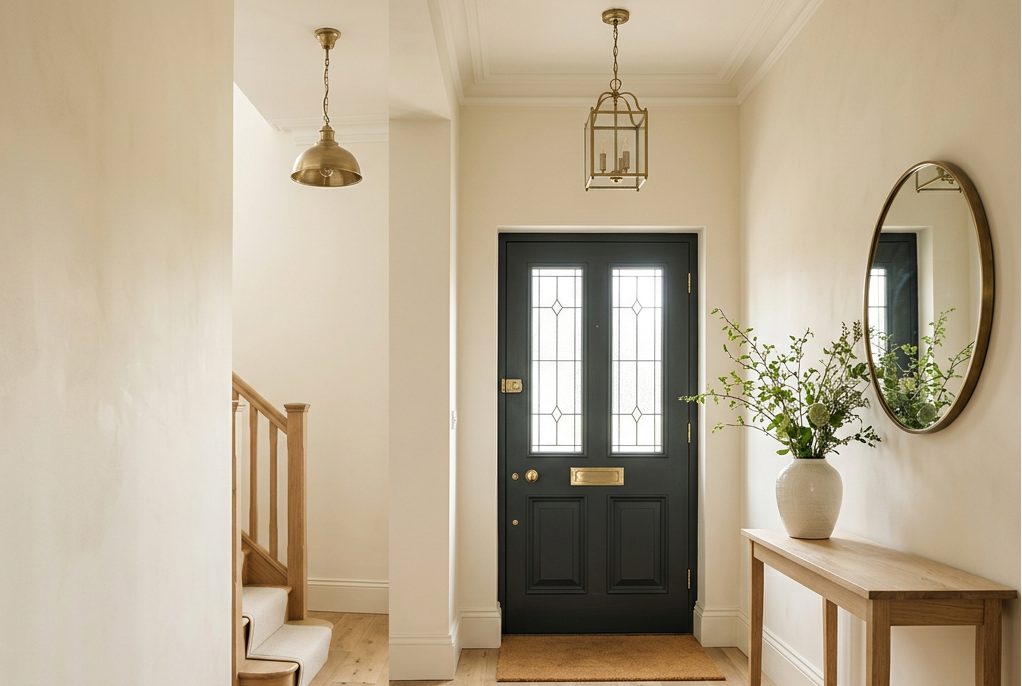Welcoming luxury hallway with warm cream walls, oak and antique-gold details